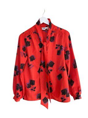 Vintage Judy Bond Red Rose Blouse Tie Neck Secretary Top Size 8